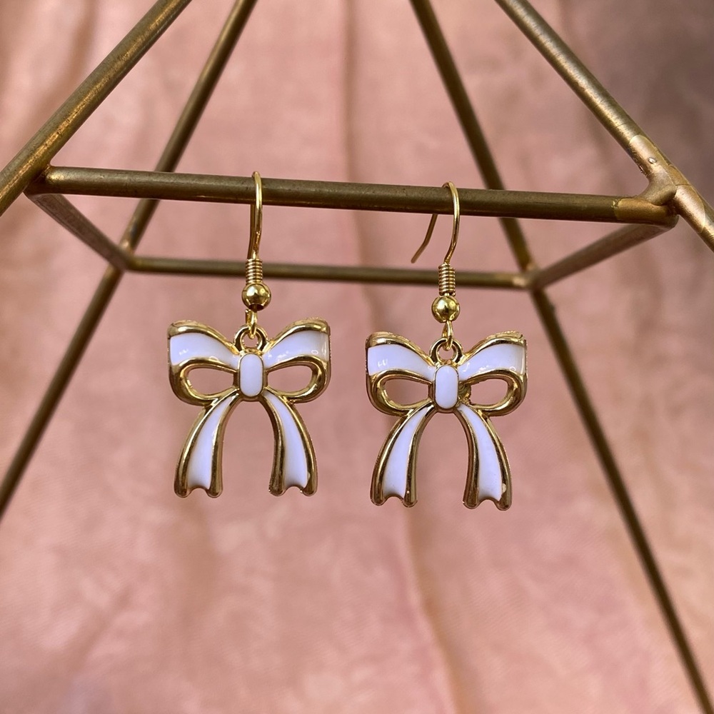 Gold and White Bow Earrings
